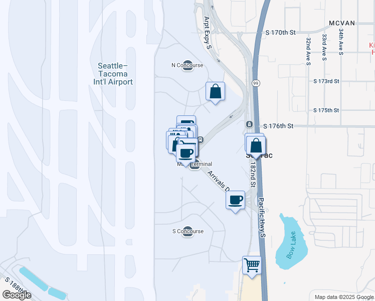 map of restaurants, bars, coffee shops, grocery stores, and more near 17801 International Boulevard in SeaTac