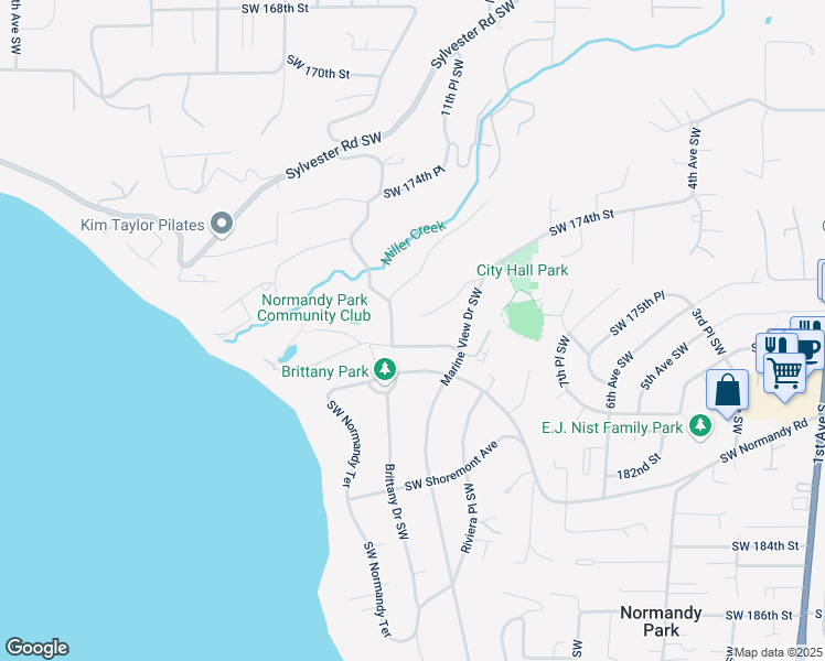 map of restaurants, bars, coffee shops, grocery stores, and more near 1140 Southwest Shorebrook Drive in Normandy Park