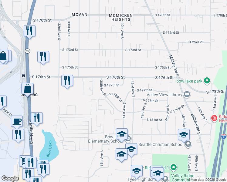 map of restaurants, bars, coffee shops, grocery stores, and more near 3819 South 178th Street in SeaTac