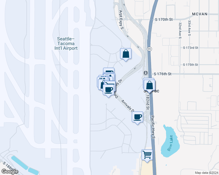 map of restaurants, bars, coffee shops, grocery stores, and more near 17801 International Boulevard in SeaTac
