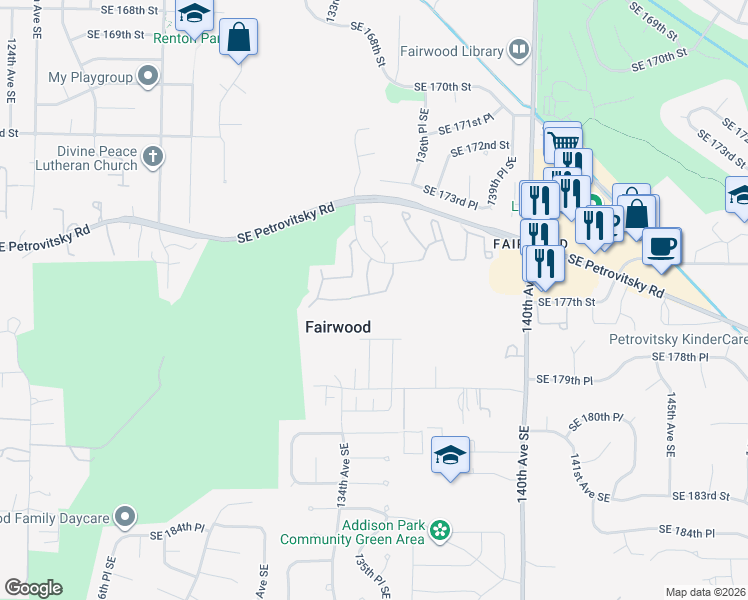 map of restaurants, bars, coffee shops, grocery stores, and more near 17725 134th Lane Southeast in Renton