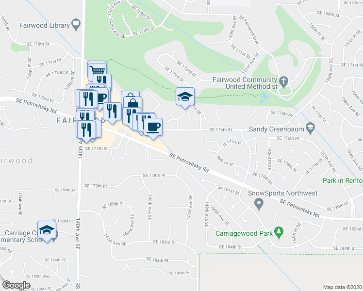map of restaurants, bars, coffee shops, grocery stores, and more near 14700 Southeast Petrovitsky Road in Renton