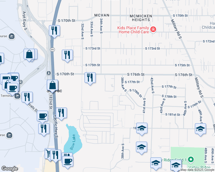 map of restaurants, bars, coffee shops, grocery stores, and more near 3425 South 176th Street in SeaTac