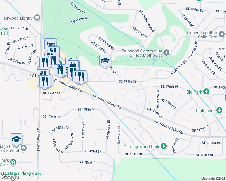 map of restaurants, bars, coffee shops, grocery stores, and more near 14625 Southeast 176th Street in Renton