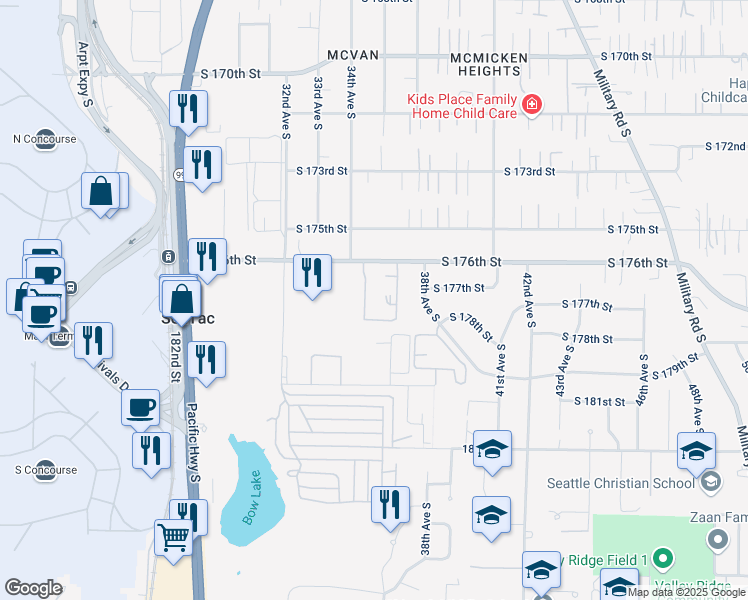 map of restaurants, bars, coffee shops, grocery stores, and more near 3425 South 176th Street in SeaTac