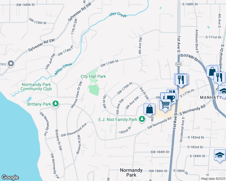 map of restaurants, bars, coffee shops, grocery stores, and more near 625 Southwest 175th Place in Normandy Park