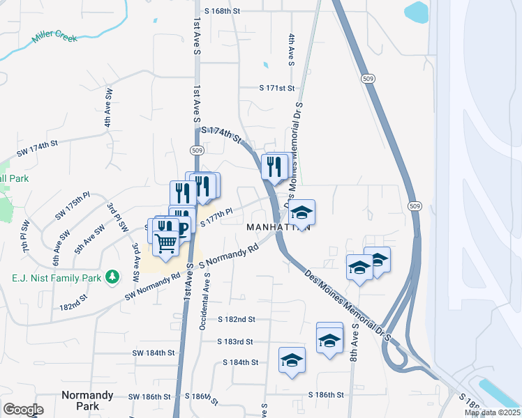 map of restaurants, bars, coffee shops, grocery stores, and more near 19600 Des Moines Memorial Drive South in Burien