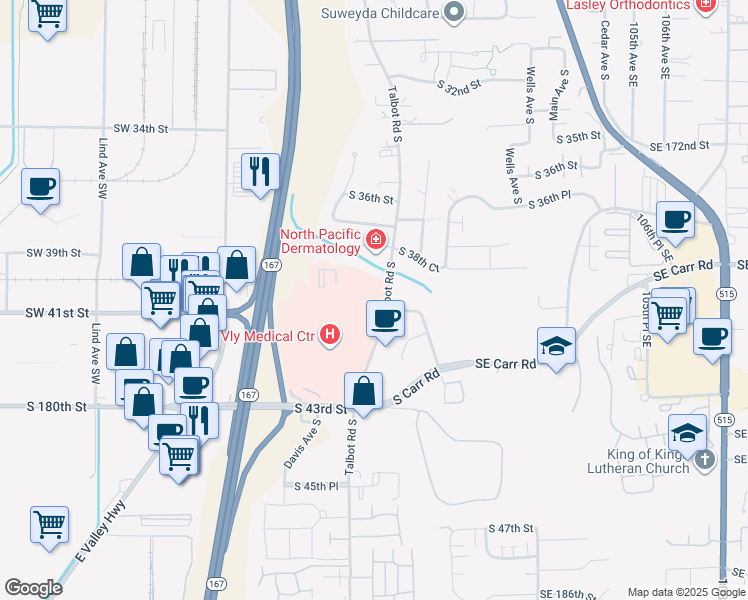map of restaurants, bars, coffee shops, grocery stores, and more near 4011 Talbot Road South in Renton
