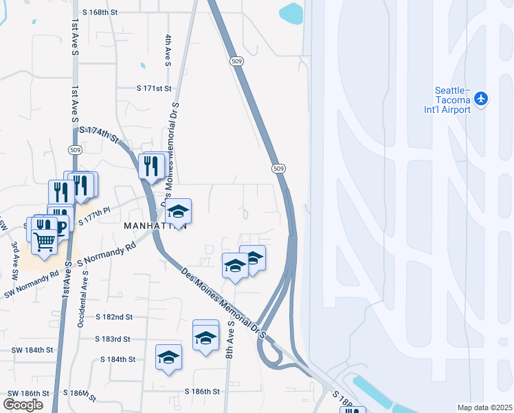 map of restaurants, bars, coffee shops, grocery stores, and more near 839 South 176th Street in Burien