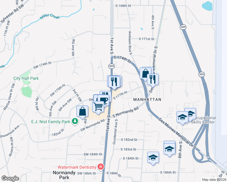 map of restaurants, bars, coffee shops, grocery stores, and more near 17642 1st Avenue South in Burien