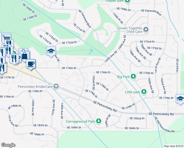 map of restaurants, bars, coffee shops, grocery stores, and more near 17631 152nd Place Southeast in Renton