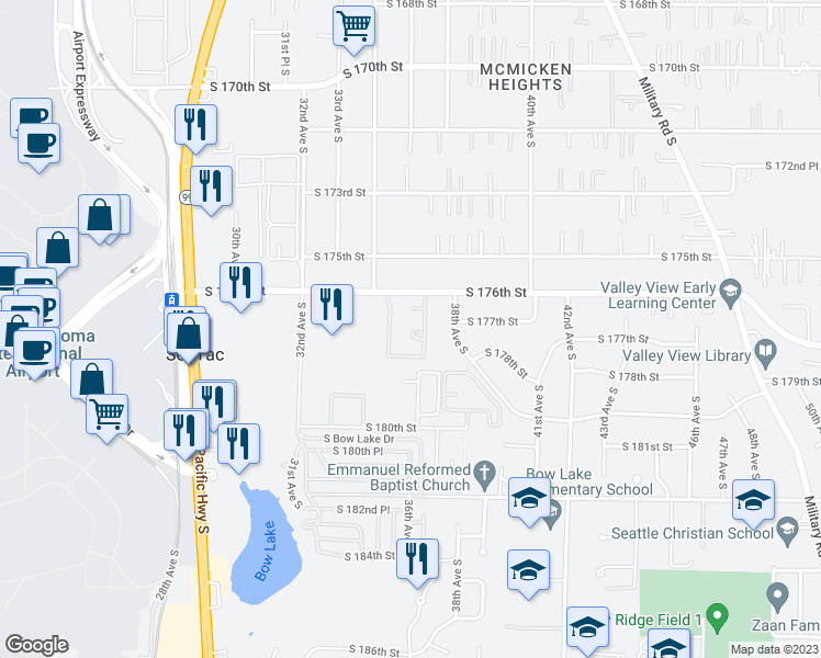 map of restaurants, bars, coffee shops, grocery stores, and more near 3445 South 176th Street in Seattle
