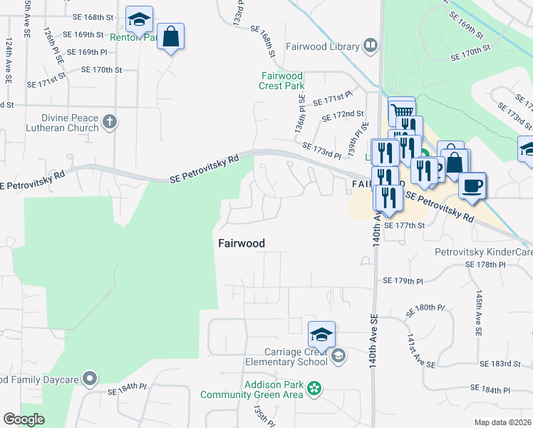 map of restaurants, bars, coffee shops, grocery stores, and more near 17652 134th Lane Southeast in Renton