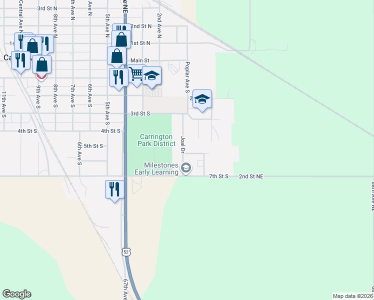 map of restaurants, bars, coffee shops, grocery stores, and more near 480 Joal Drive in Carrington