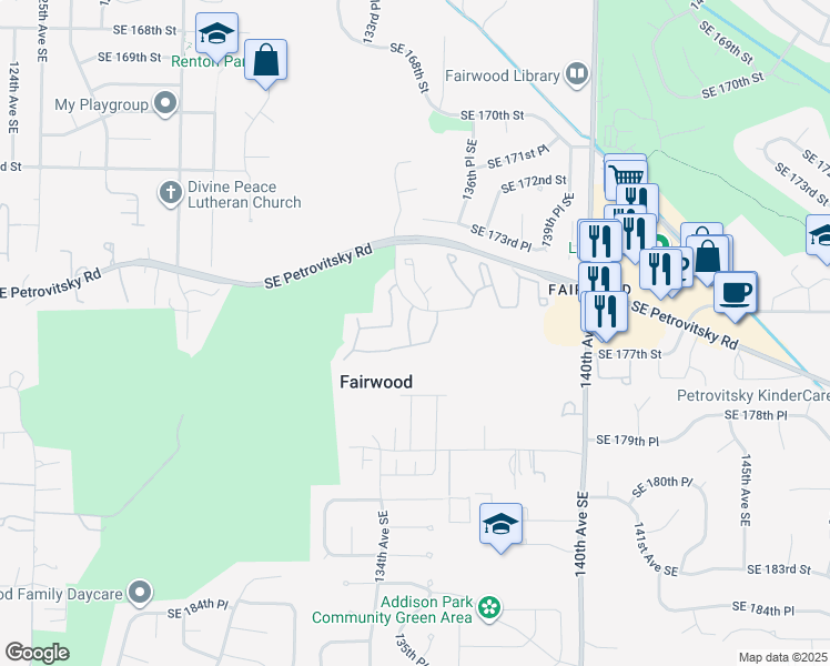 map of restaurants, bars, coffee shops, grocery stores, and more near 17652 134th Lane Southeast in Renton