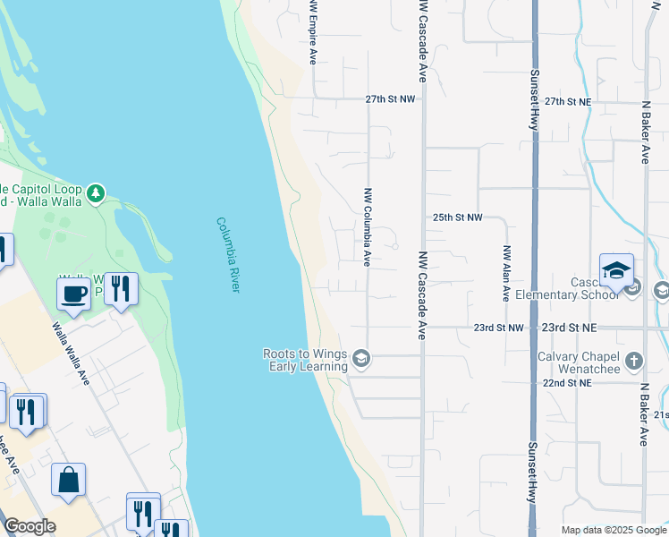 map of restaurants, bars, coffee shops, grocery stores, and more near 2452 Northwest Columbia Avenue in East Wenatchee