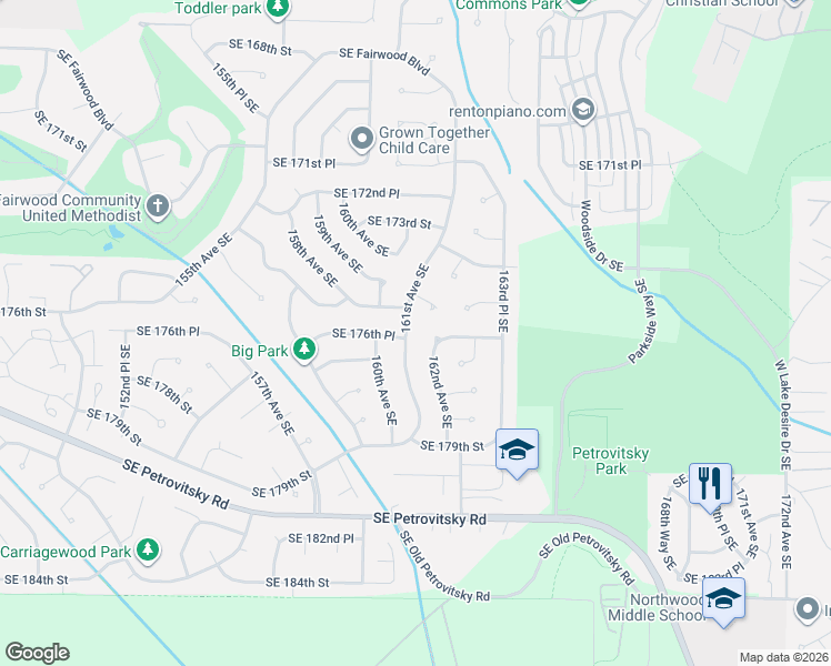 map of restaurants, bars, coffee shops, grocery stores, and more near 16015 Southeast 175th Place in Renton