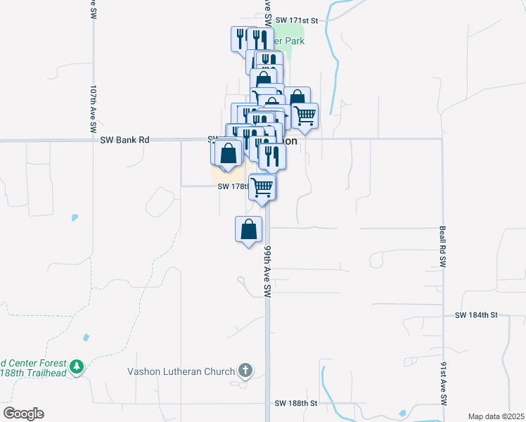 map of restaurants, bars, coffee shops, grocery stores, and more near 17917 Vashon Highway Southwest in Vashon