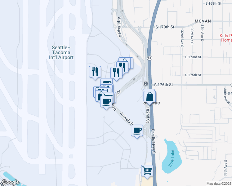 map of restaurants, bars, coffee shops, grocery stores, and more near 22 Departures Drive in SeaTac