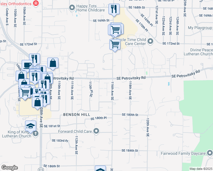 map of restaurants, bars, coffee shops, grocery stores, and more near 17607 115th Place Southeast in Renton