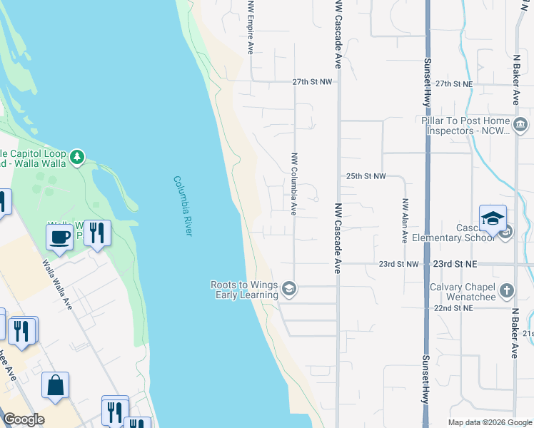 map of restaurants, bars, coffee shops, grocery stores, and more near 2452 Northwest Columbia Avenue in East Wenatchee
