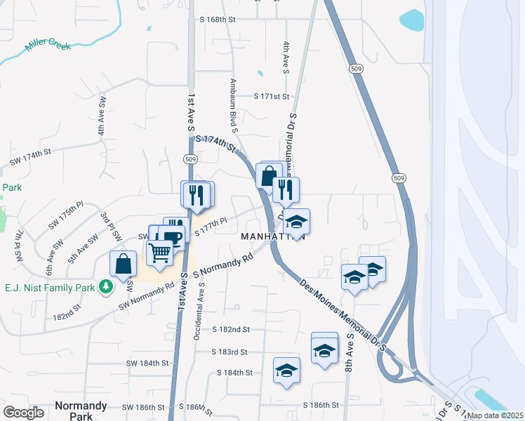 map of restaurants, bars, coffee shops, grocery stores, and more near 327 South 177th Place in Burien