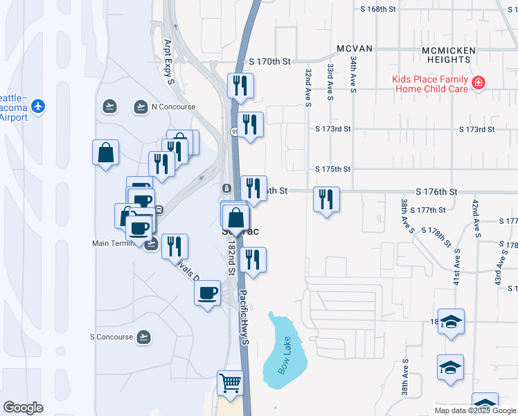 map of restaurants, bars, coffee shops, grocery stores, and more near 17620 International Boulevard in Seattle