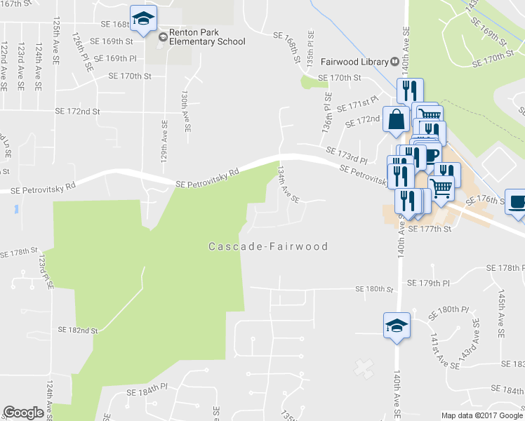map of restaurants, bars, coffee shops, grocery stores, and more near 13314 Southeast 176th Lane in Renton