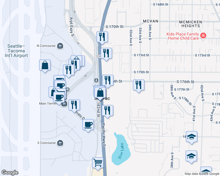 map of restaurants, bars, coffee shops, grocery stores, and more near in SeaTac