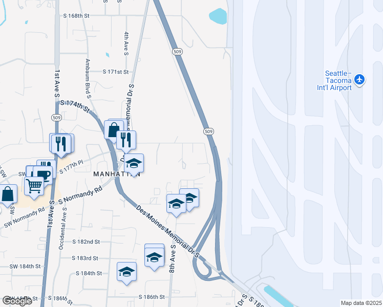 map of restaurants, bars, coffee shops, grocery stores, and more near 839 South 176th Street in Burien