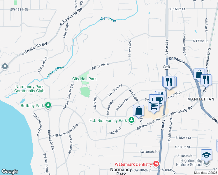 map of restaurants, bars, coffee shops, grocery stores, and more near 610 Southwest 175th Street in Normandy Park