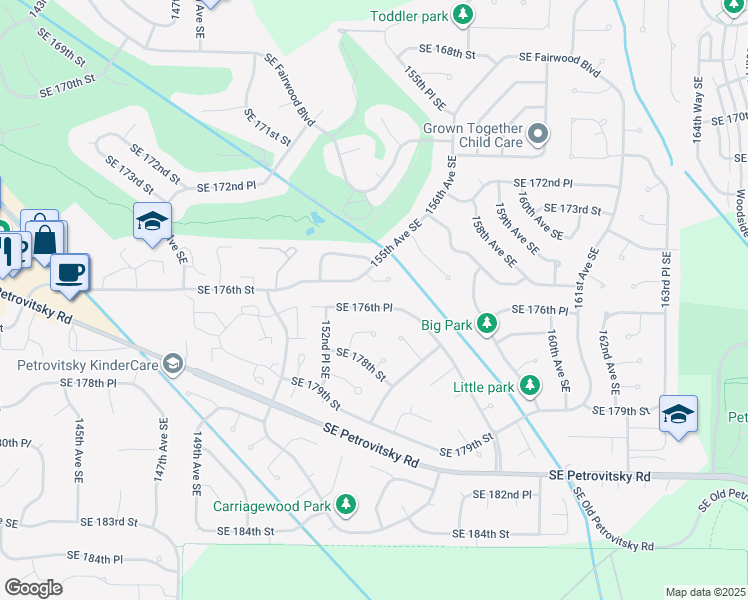map of restaurants, bars, coffee shops, grocery stores, and more near 15413 Southeast 176th Street in Renton