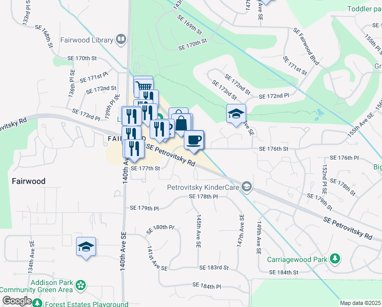 map of restaurants, bars, coffee shops, grocery stores, and more near 14410 Southeast Petrovitsky Road in Renton