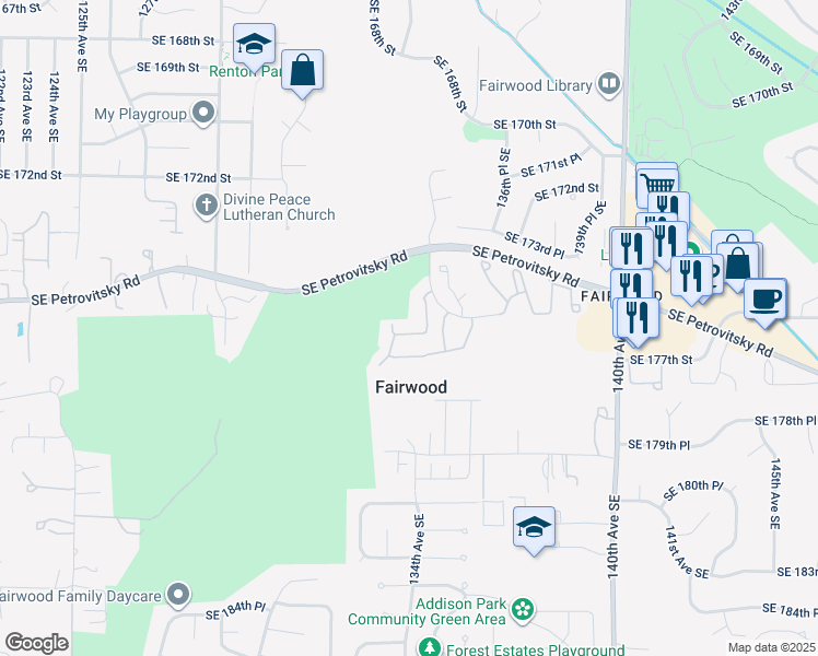 map of restaurants, bars, coffee shops, grocery stores, and more near 13314 Southeast 176th Lane in Renton