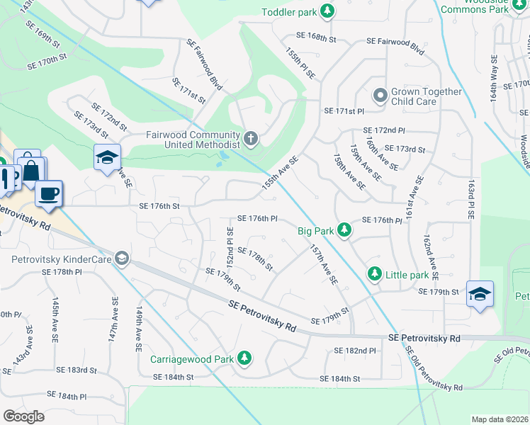 map of restaurants, bars, coffee shops, grocery stores, and more near 15413 Southeast 176th Street in Renton