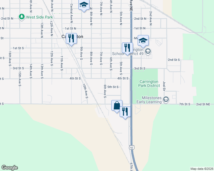 map of restaurants, bars, coffee shops, grocery stores, and more near 401-499 6th Avenue South in Carrington