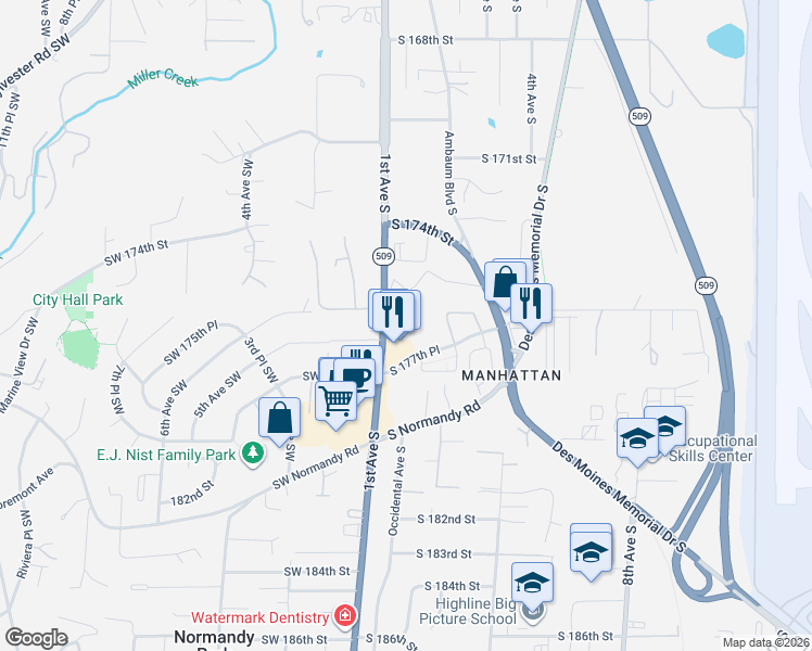 map of restaurants, bars, coffee shops, grocery stores, and more near 17612 1st Avenue South in Burien