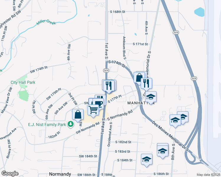 map of restaurants, bars, coffee shops, grocery stores, and more near 17612 1st Avenue South in Burien