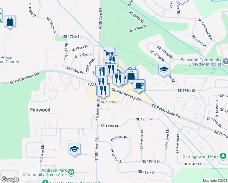 map of restaurants, bars, coffee shops, grocery stores, and more near 14127 Southeast Petrovitsky Road in Renton