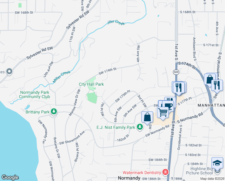 map of restaurants, bars, coffee shops, grocery stores, and more near 610 Southwest 175th Street in Normandy Park