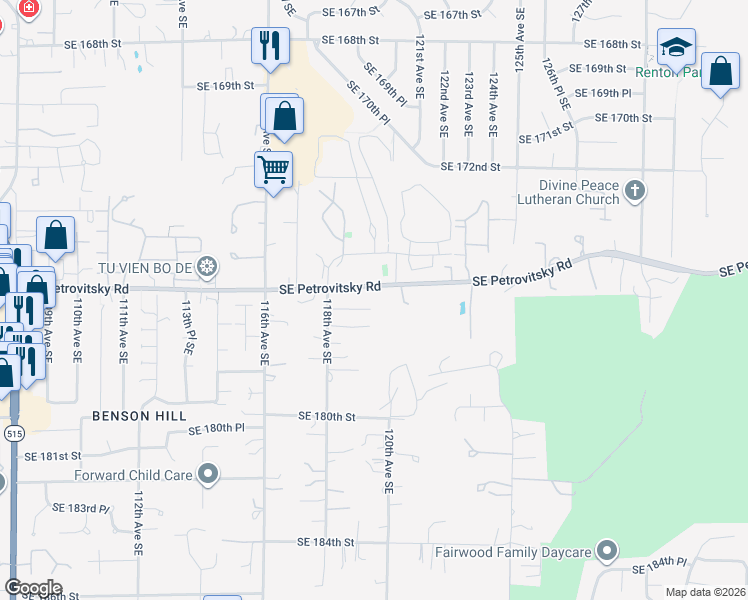 map of restaurants, bars, coffee shops, grocery stores, and more near 11868 Southeast 176th Court in Renton
