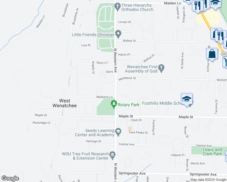 map of restaurants, bars, coffee shops, grocery stores, and more near 1508 North Western Avenue in Wenatchee