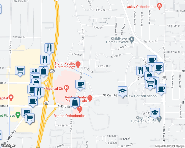 map of restaurants, bars, coffee shops, grocery stores, and more near 609 South 38th Court in Renton