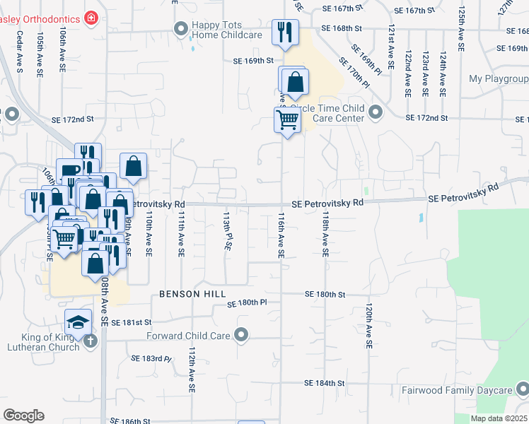 map of restaurants, bars, coffee shops, grocery stores, and more near 17607 115th Place Southeast in Renton