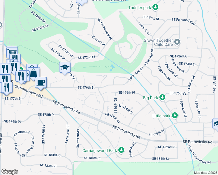 map of restaurants, bars, coffee shops, grocery stores, and more near 15127 Southeast 176th Street in Renton