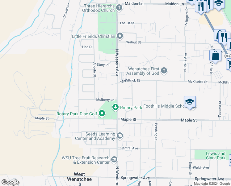 map of restaurants, bars, coffee shops, grocery stores, and more near 1508 North Western Avenue in Wenatchee