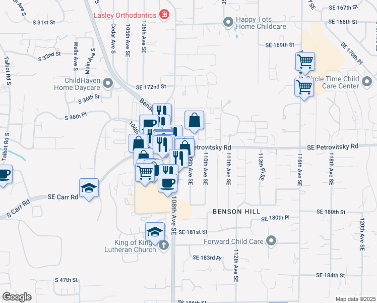 map of restaurants, bars, coffee shops, grocery stores, and more near 10825 Southeast Petrovitsky Road in Renton