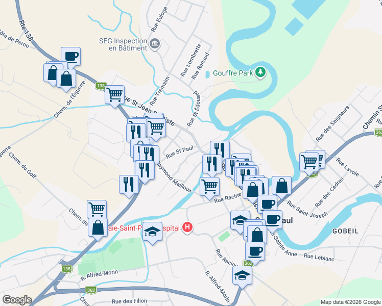 map of restaurants, bars, coffee shops, grocery stores, and more near 6 Rue Saint Adolphe in Baie-Saint-Paul