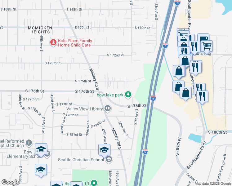 map of restaurants, bars, coffee shops, grocery stores, and more near 17726 50th Court South in SeaTac