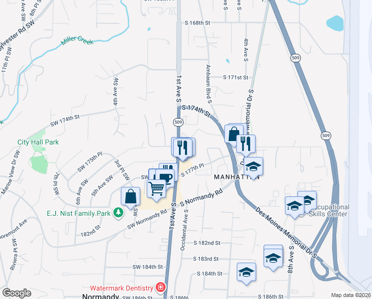 map of restaurants, bars, coffee shops, grocery stores, and more near 17642 1st Avenue South in Burien